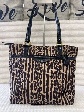 2014 Coach Ocelot Black & Beige Leopard-Print Tote Bag